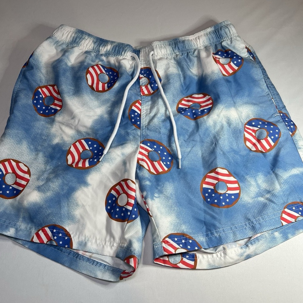 PATRIOTIC MEDIUM 32-34 4TH OF JULY USA DONUTS BLUE SWIMMING‎ SWIM TRUNK SHORTS M